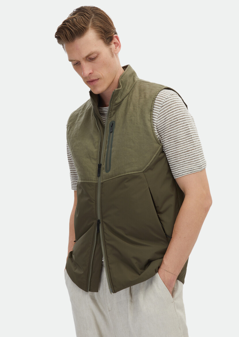 Khaki 100% Linen Weaving Puffer Vest - 4