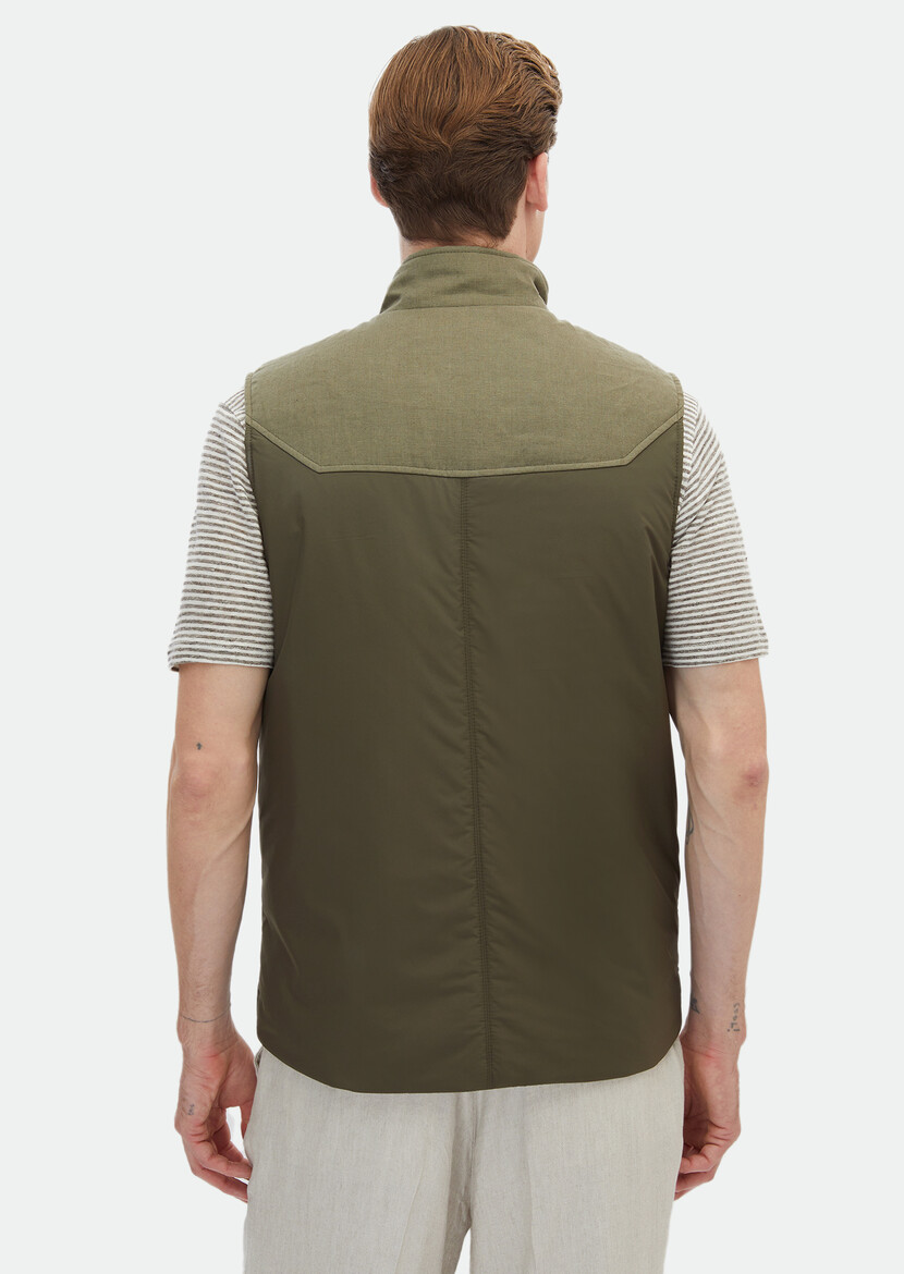 Khaki 100% Linen Weaving Puffer Vest - 7