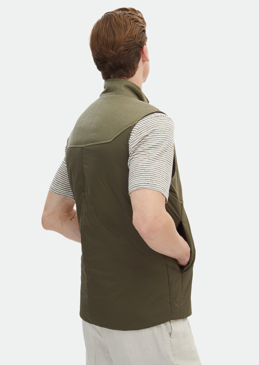 Khaki 100% Linen Weaving Puffer Vest - 8