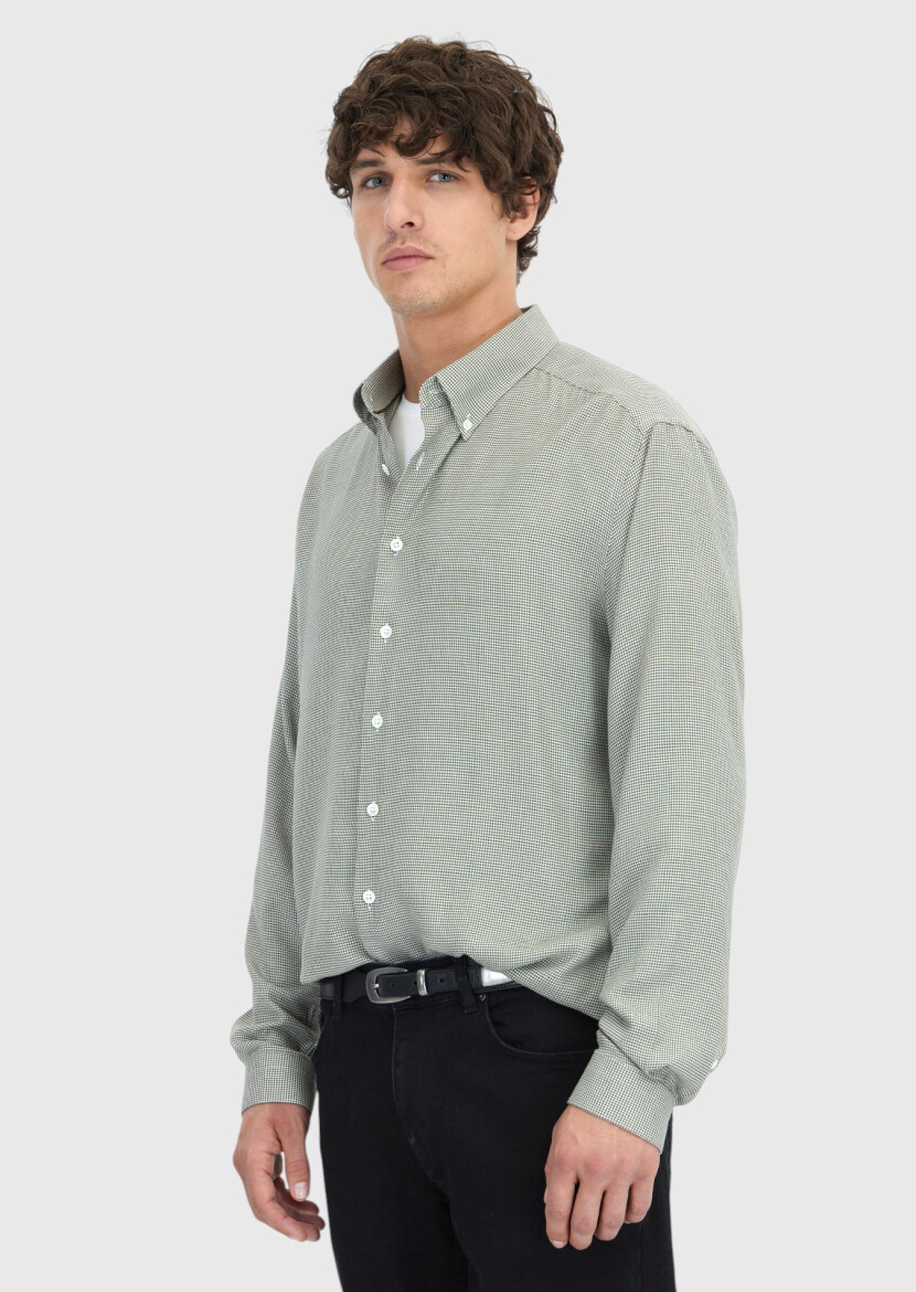 Khaki Casual Fit Long Weaving Casual Cotton Blended Shirt - 3