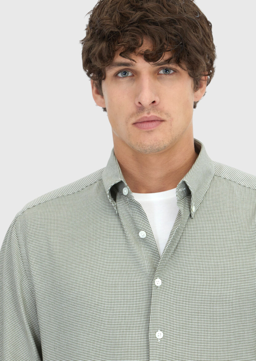 Khaki Casual Fit Long Weaving Casual Cotton Blended Shirt - 4