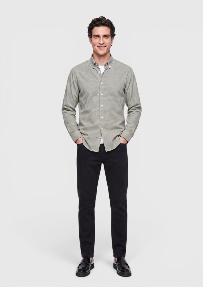 Khaki Casual Fit Long Weaving Casual Cotton Blended Shirt - RAMSEY