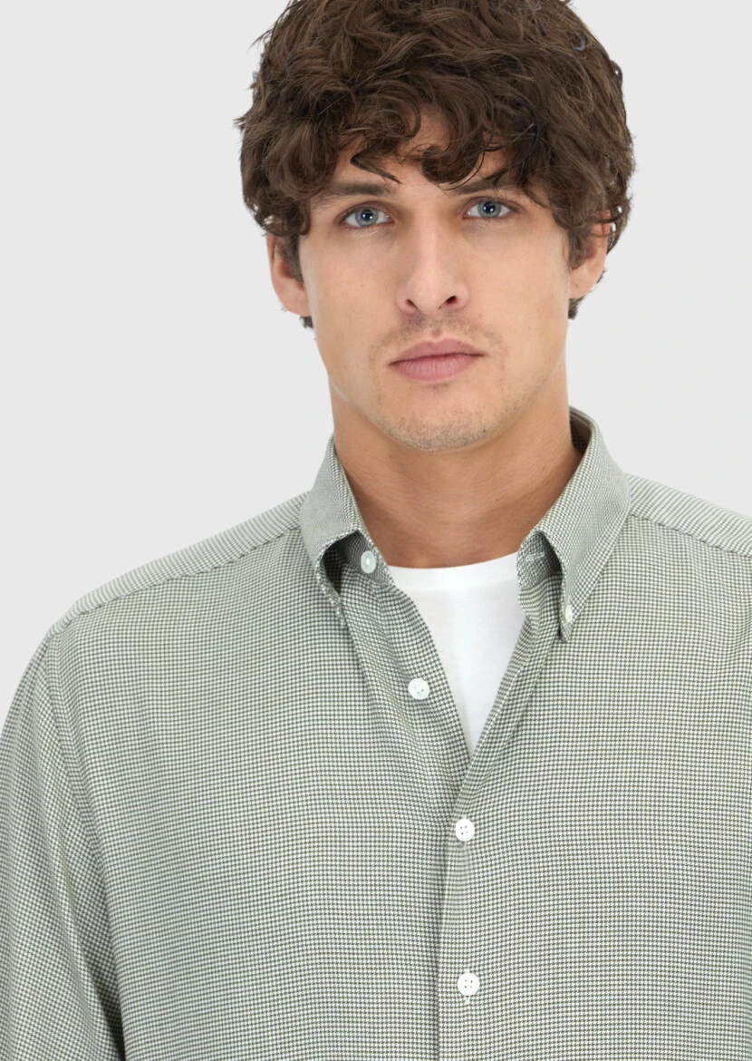 Khaki Casual Fit Weaving Casual Cotton Blended Shirt - 4