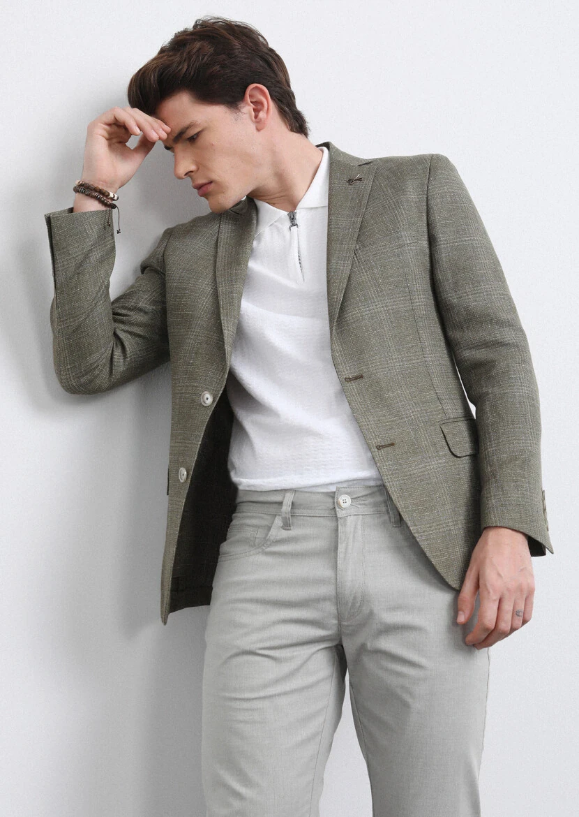 Khaki Checkered Shirt Shoulder Slim Fit Cotton Blended Jacket - 3