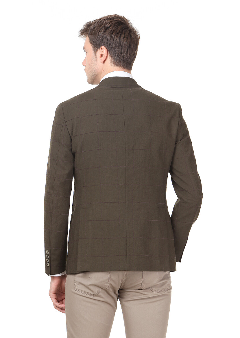 Khaki Checkered Zeroweight Slim Fit Wool Blended Jacket - 4