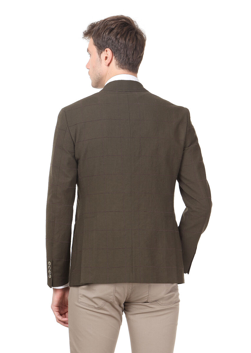 Khaki Checkered Zeroweight Slim Fit Wool Blended Jacket - 4
