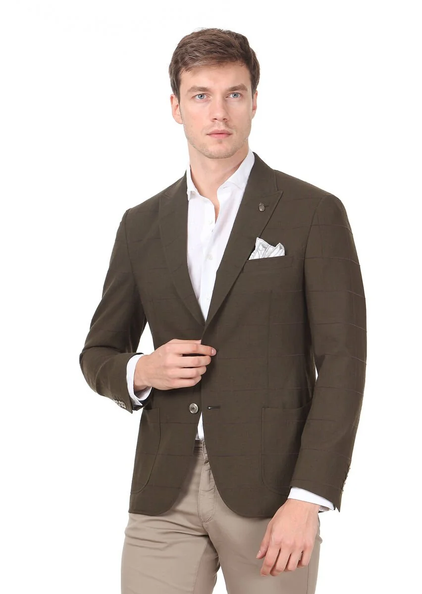 Khaki Checkered Zeroweight Slim Fit Wool Blended Jacket - 1