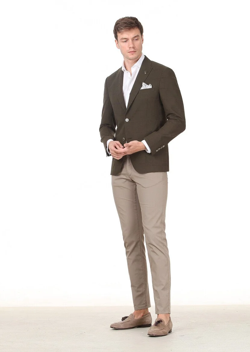 Khaki Checkered Zeroweight Slim Fit Wool Blended Jacket - 2
