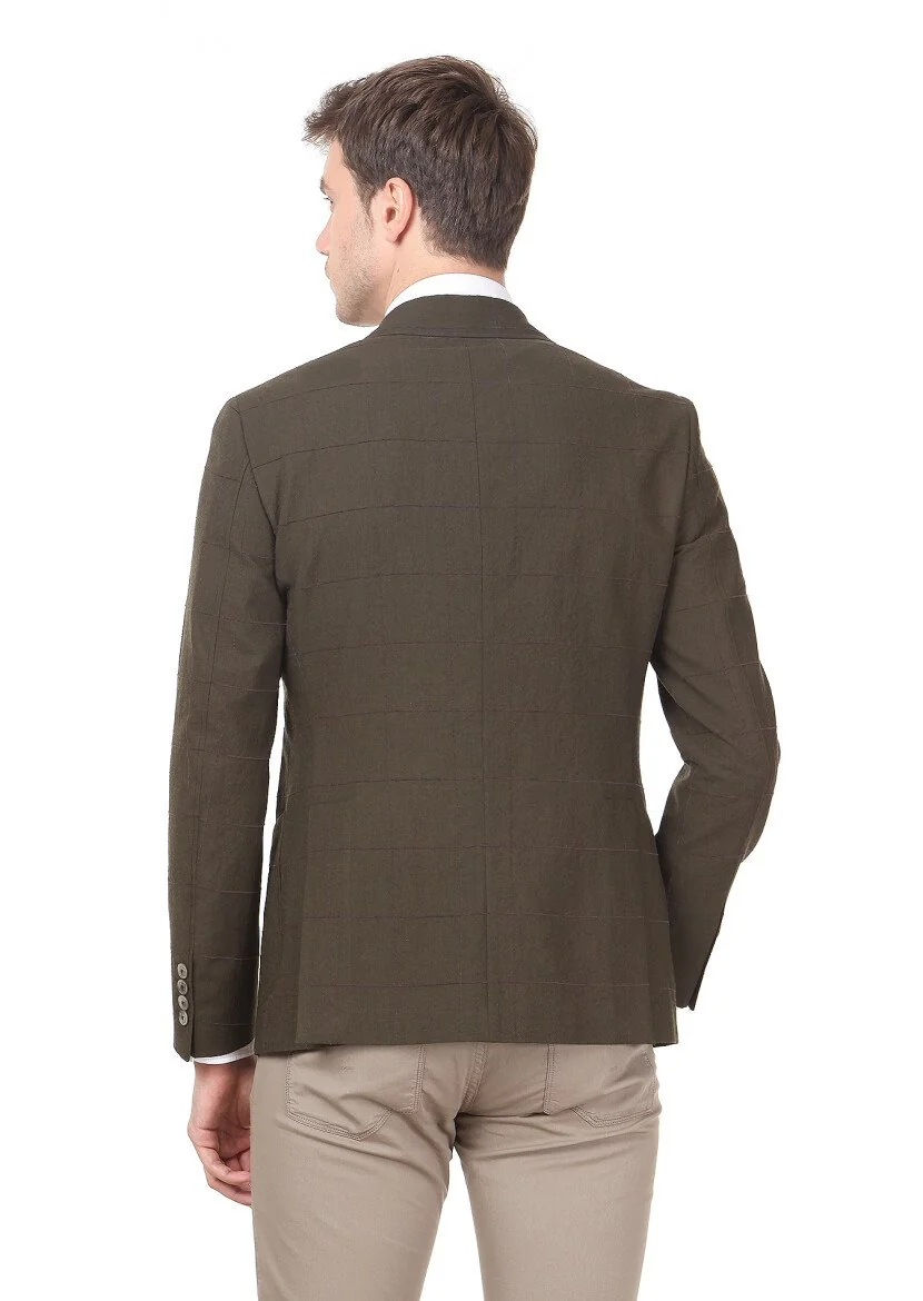 Khaki Checkered Zeroweight Slim Fit Wool Blended Jacket - 4