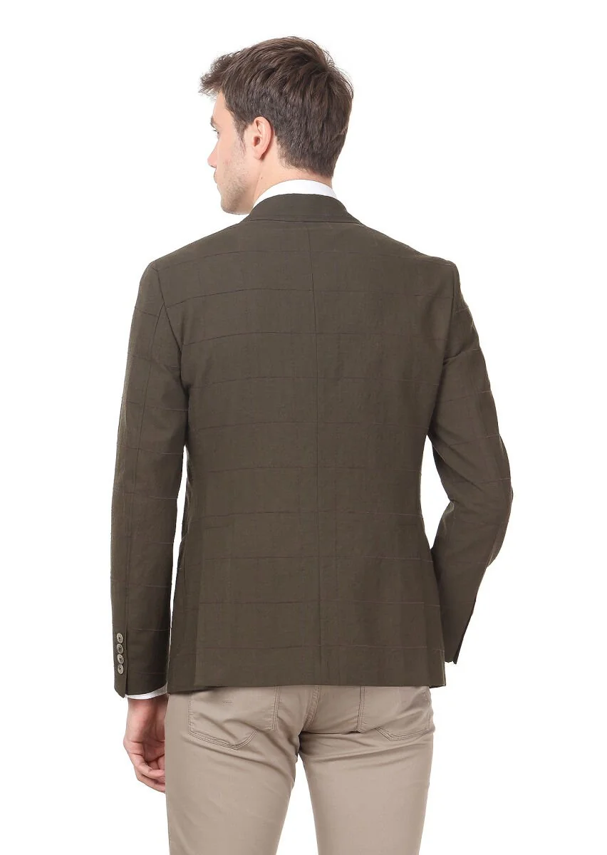 Khaki Checkered Zeroweight Slim Fit Wool Blended Jacket - 4