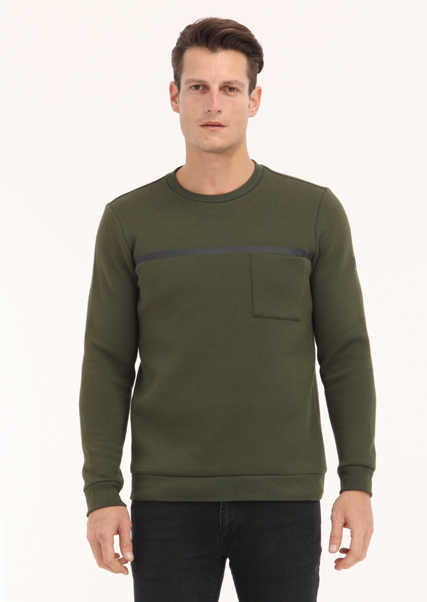 Khaki Crew Neck Plain Sweatshirt - 2