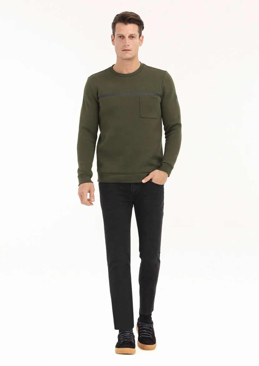 Khaki Crew Neck Plain Sweatshirt - 1