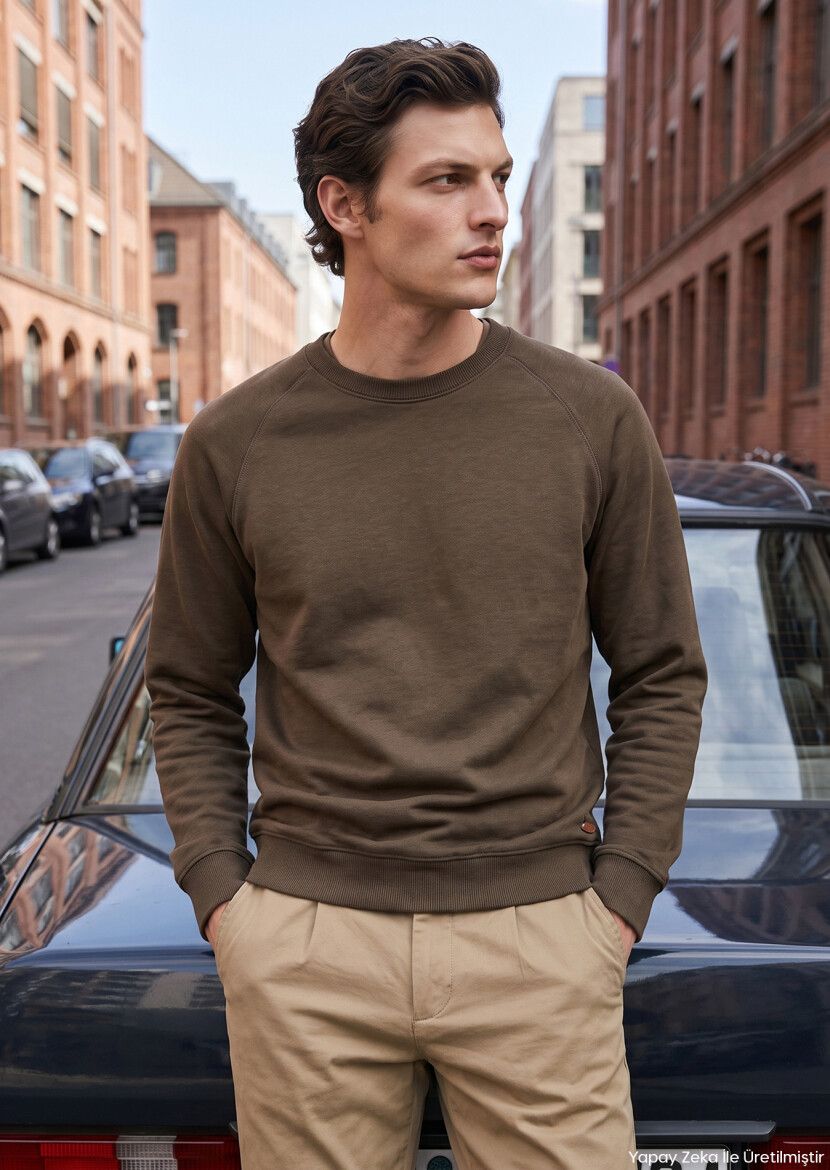 Khaki Crew Neck Plain Sweatshirt - RAMSEY