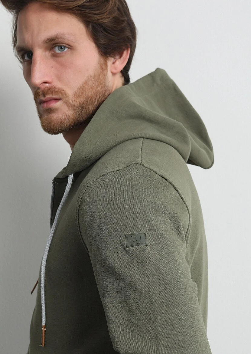 Khaki Hooded Plain Sweatshirt - 2