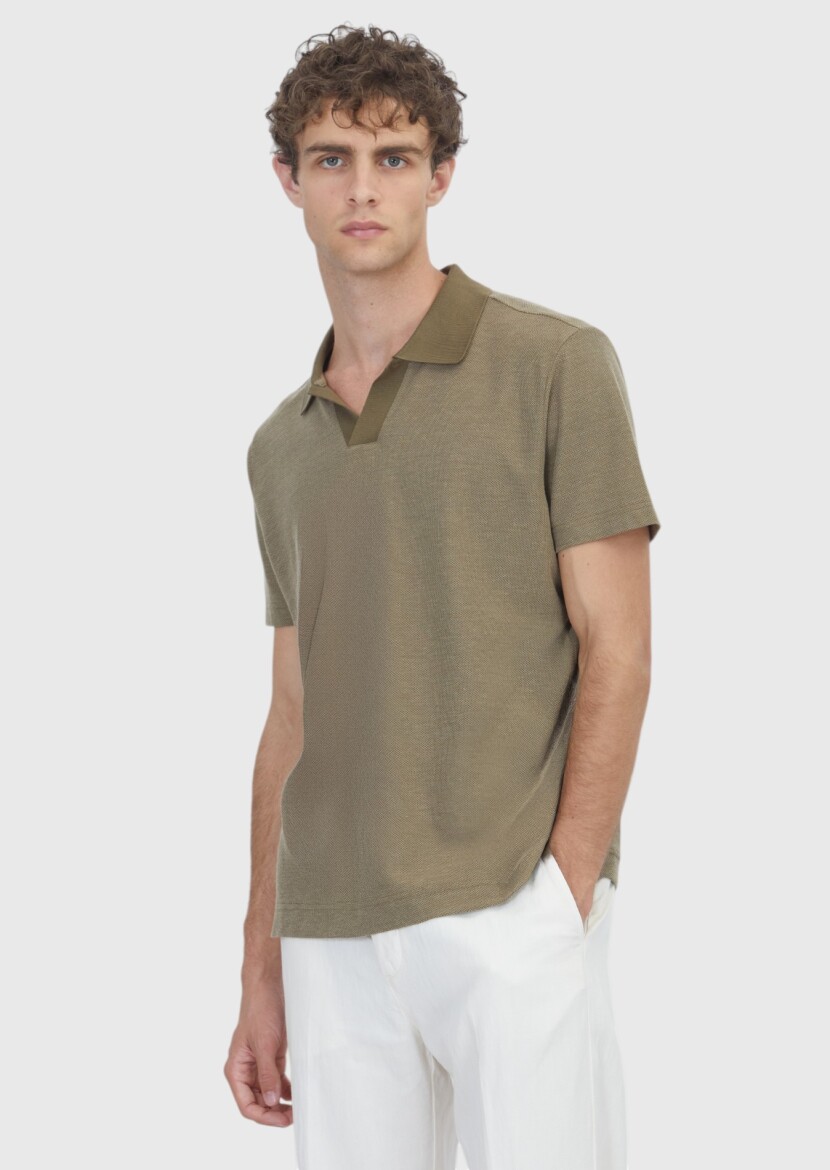 Khaki Jacquard 100% Cotton T-Shirt - RAMSEY