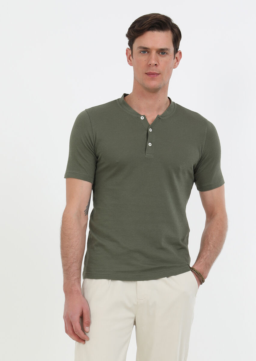 Khaki Jacquard Crew Neck 100% Cotton T-Shirt - 1