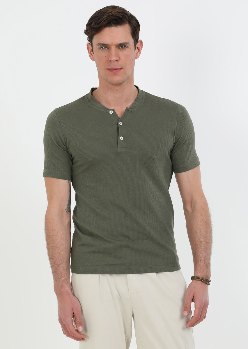 Khaki Jacquard Crew Neck 100% Cotton T-Shirt - 2