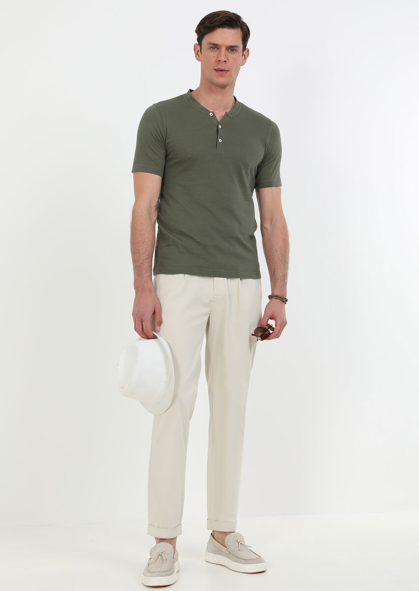 Khaki Jacquard Crew Neck 100% Cotton T-Shirt - 4