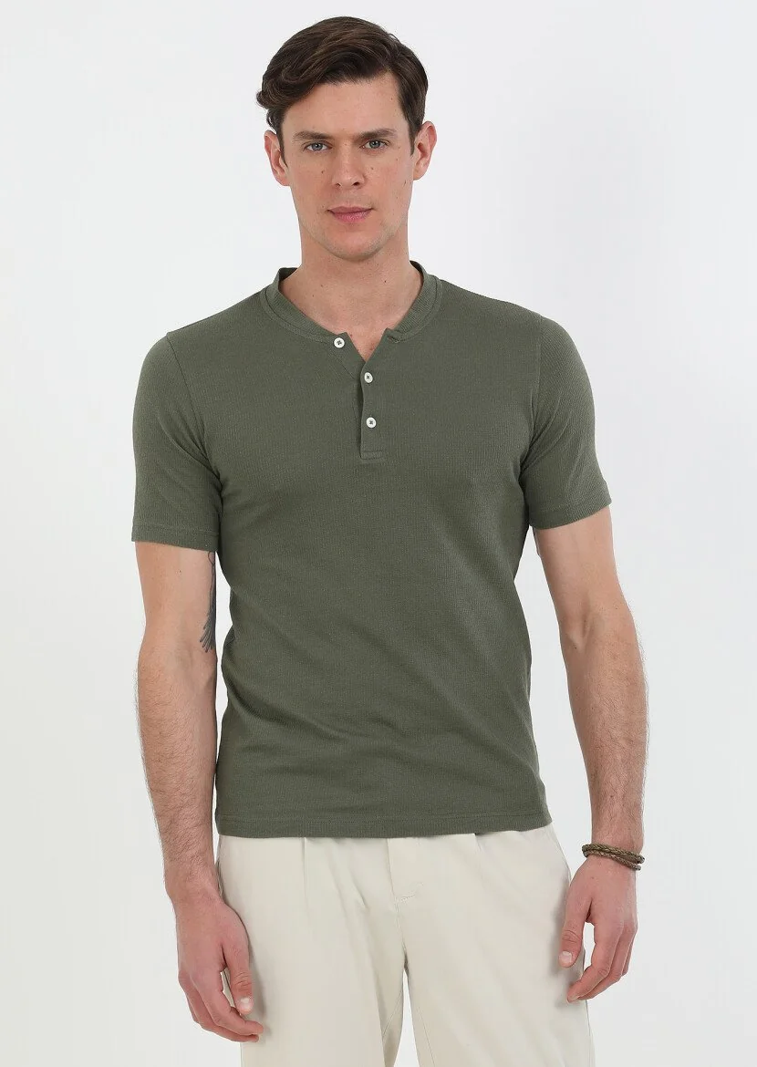 Khaki Jacquard Crew Neck 100% Cotton T-Shirt - 2