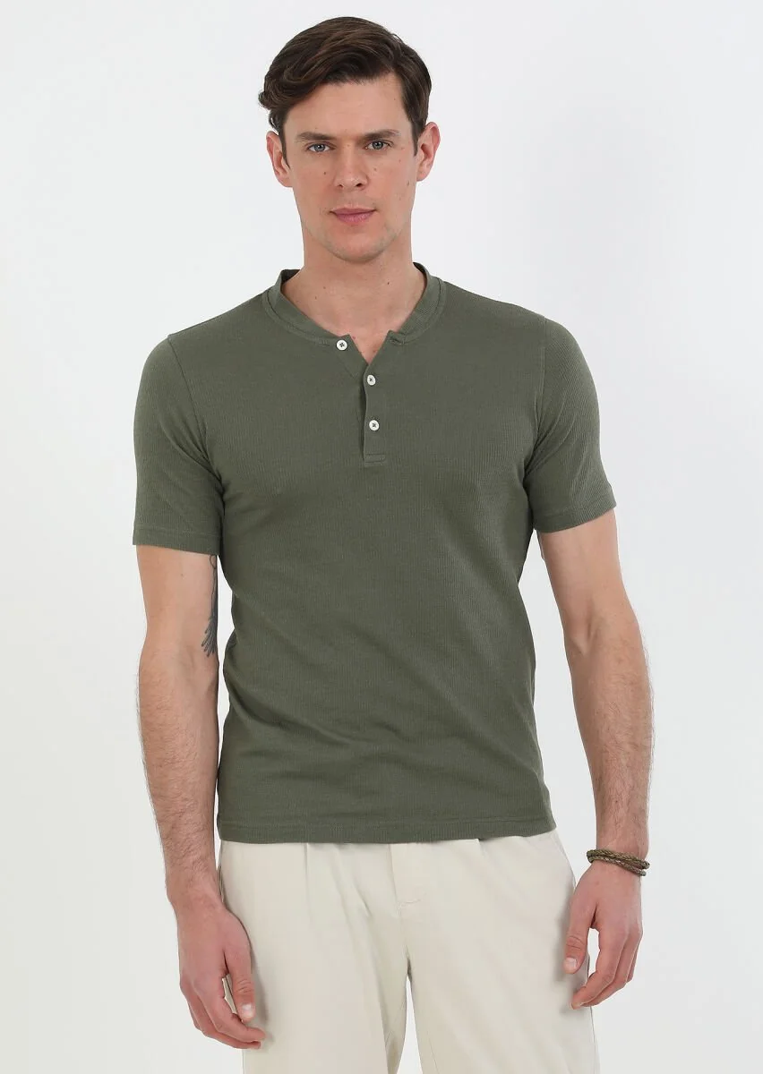 Khaki Jacquard Crew Neck 100% Cotton T-Shirt - 2