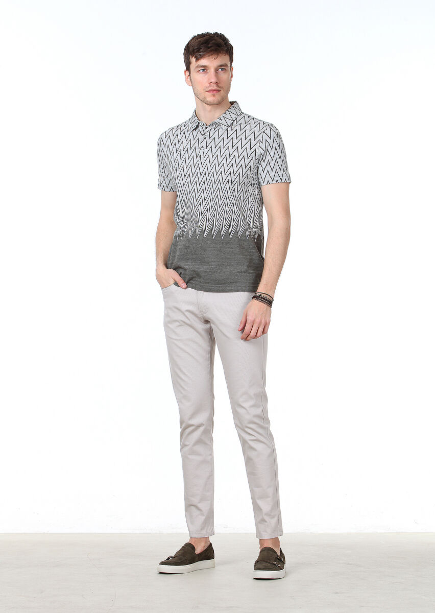 Khaki Jacquard Polo Neck 100% Cotton T-Shirt - 2