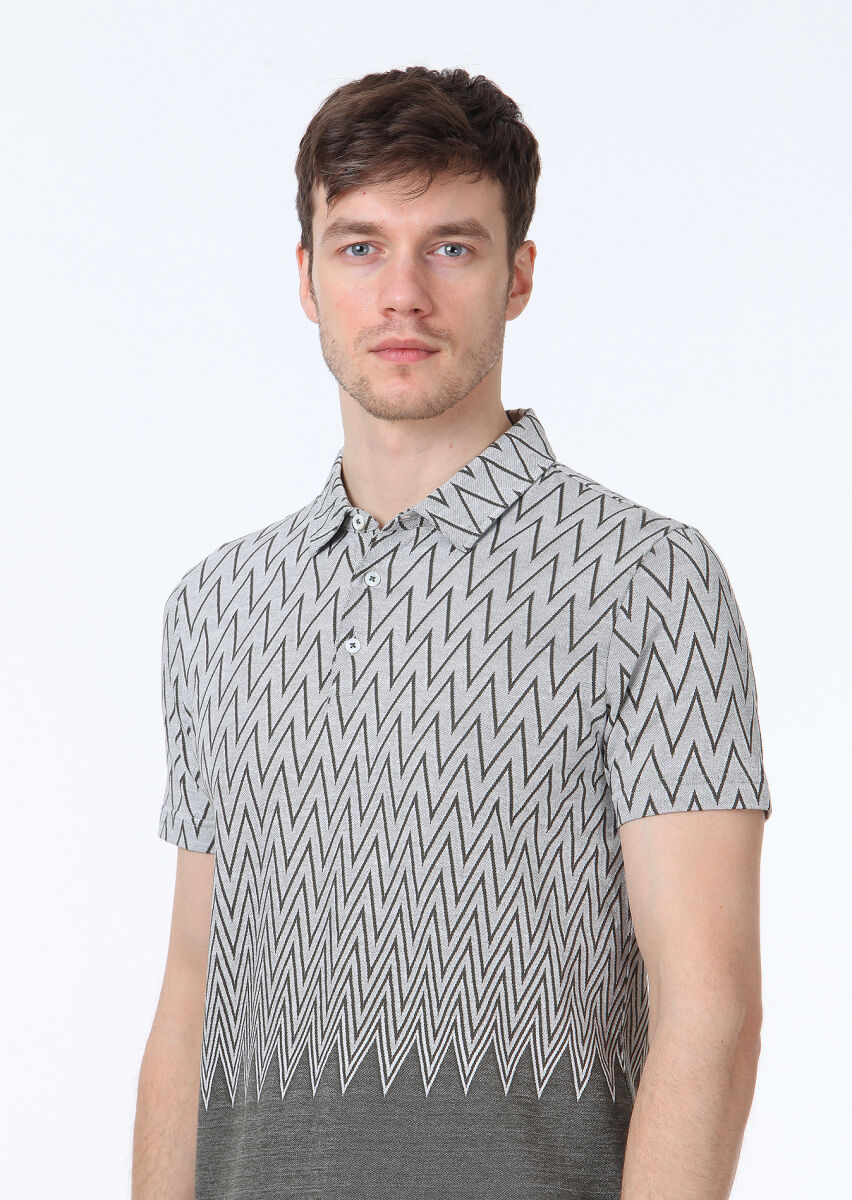 Khaki Jacquard Polo Neck 100% Cotton T-Shirt - 3