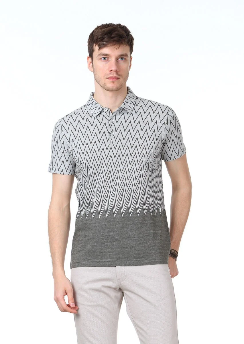 Khaki Jacquard Polo Neck 100% Cotton T-Shirt - 1