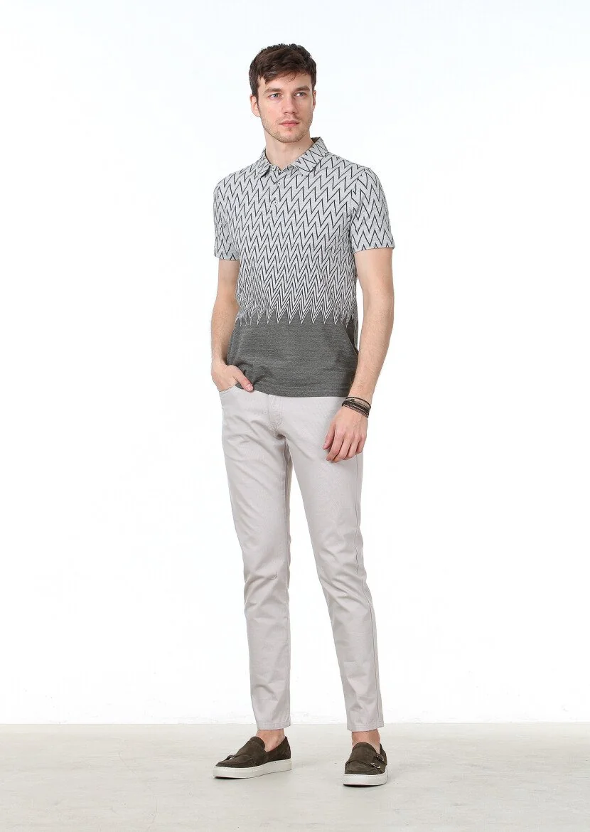 Khaki Jacquard Polo Neck 100% Cotton T-Shirt - 2