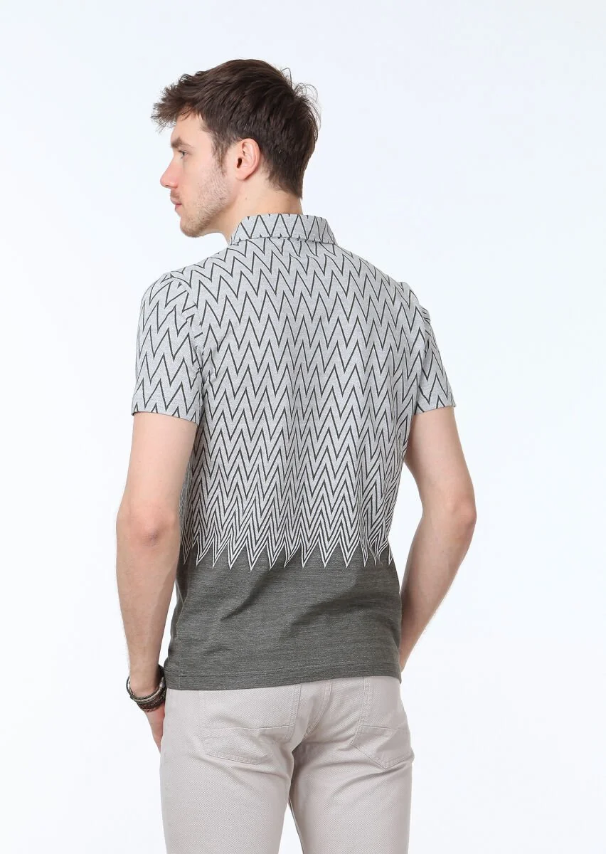 Khaki Jacquard Polo Neck 100% Cotton T-Shirt - 4