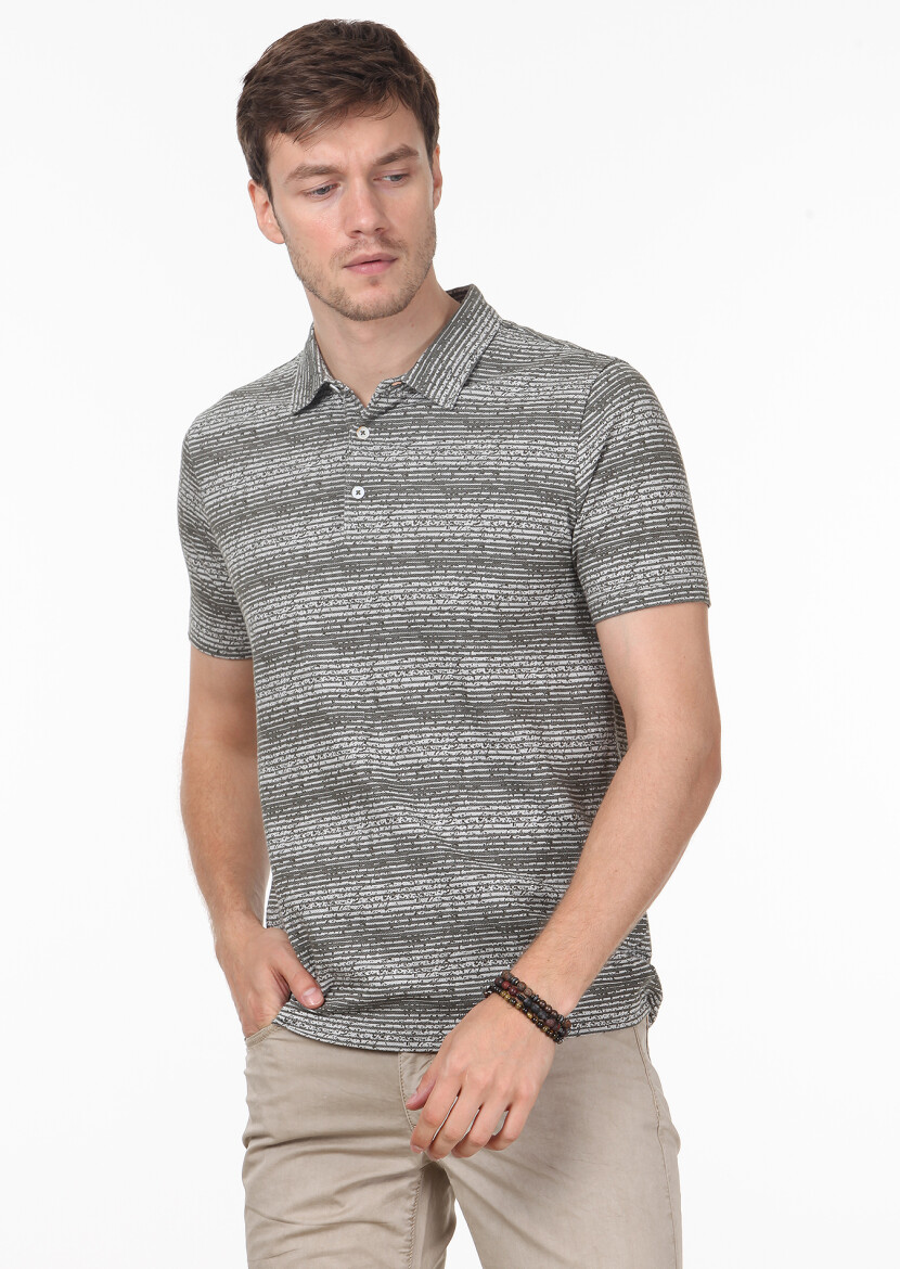 Khaki Jacquard Polo Neck 100% Cotton T-Shirt - 1