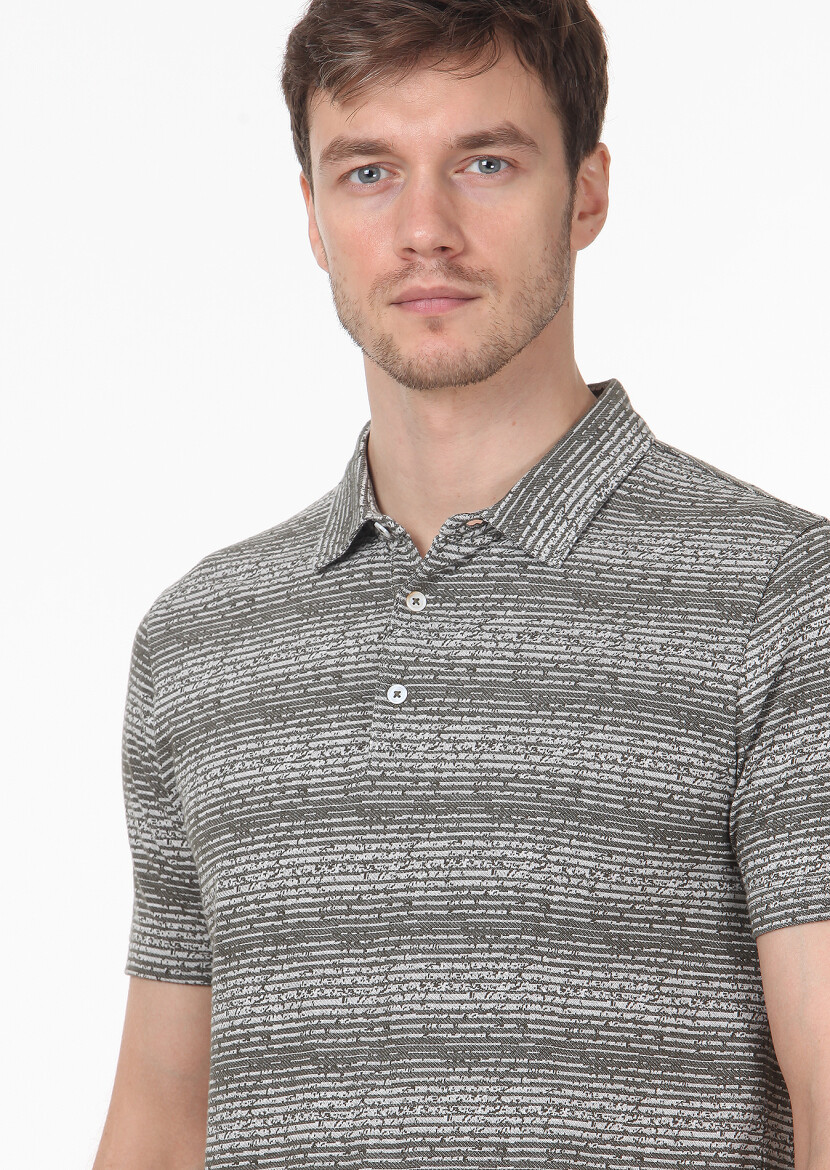 Khaki Jacquard Polo Neck 100% Cotton T-Shirt - 2