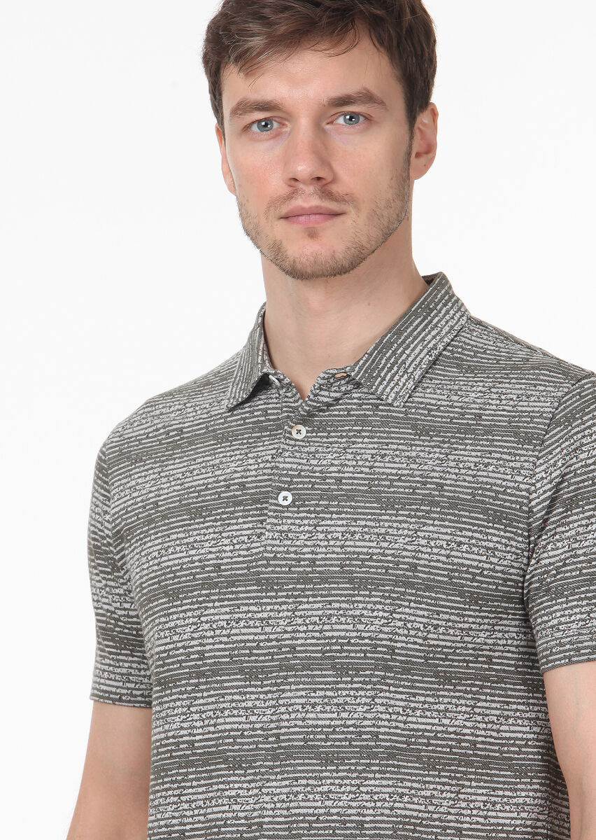 Khaki Jacquard Polo Neck 100% Cotton T-Shirt - 2