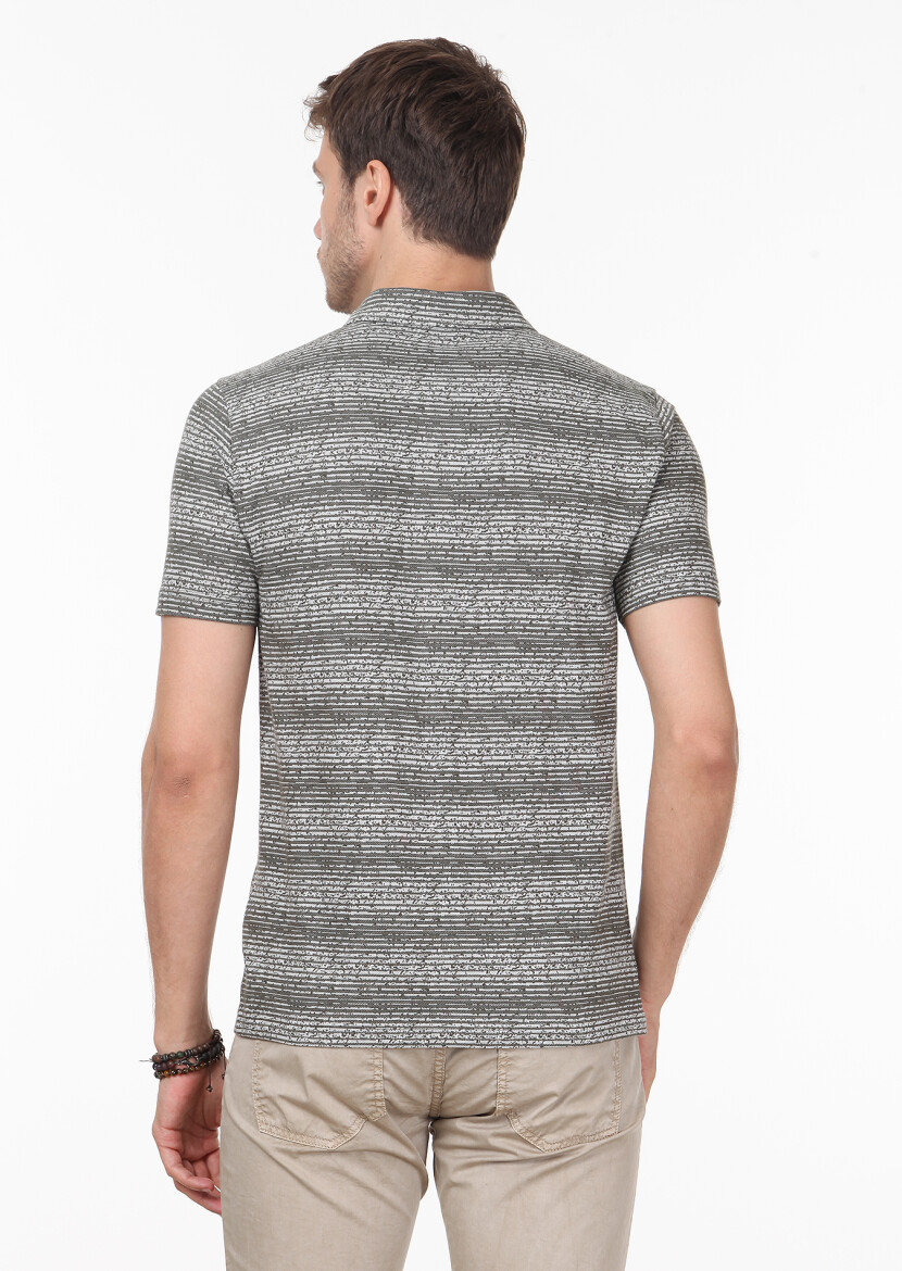 Khaki Jacquard Polo Neck 100% Cotton T-Shirt - 4