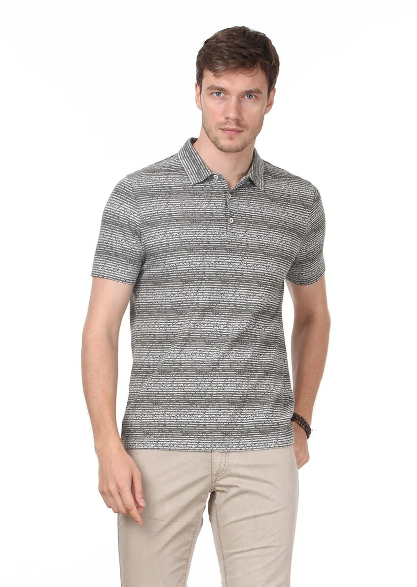 Khaki Jacquard Polo Neck 100% Cotton T-Shirt - 3