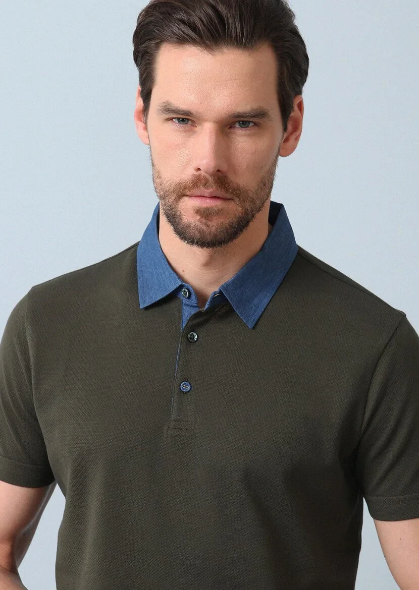 Khaki Jacquard Polo Neck 100% Cotton T-Shirt - 2