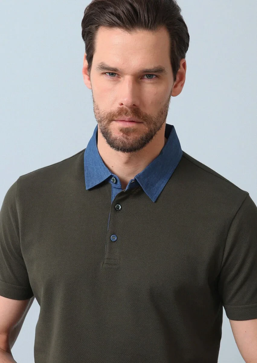 Khaki Jacquard Polo Neck 100% Cotton T-Shirt - 2