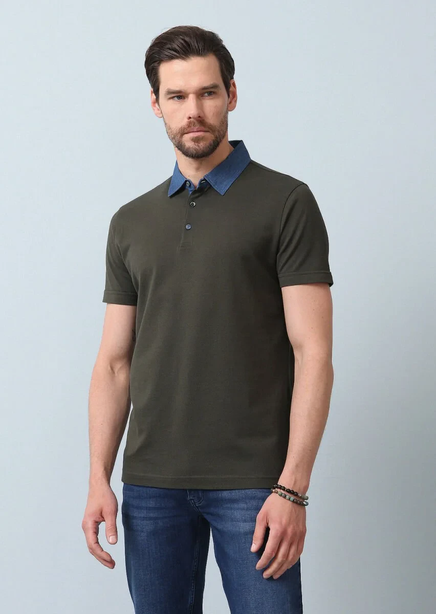Khaki Jacquard Polo Neck 100% Cotton T-Shirt - 3