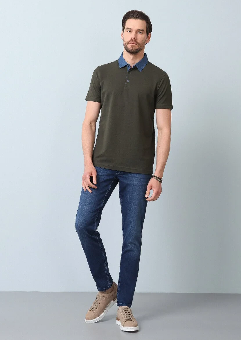 Khaki Jacquard Polo Neck 100% Cotton T-Shirt - 4