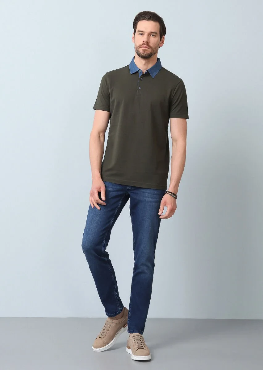 Khaki Jacquard Polo Neck 100% Cotton T-Shirt - 4