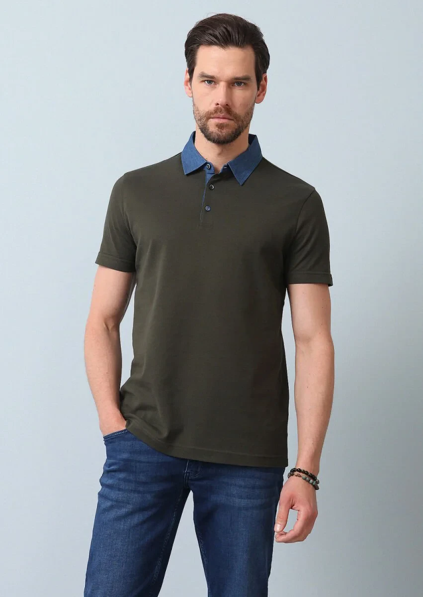 Khaki Jacquard Polo Neck 100% Cotton T-Shirt - 5