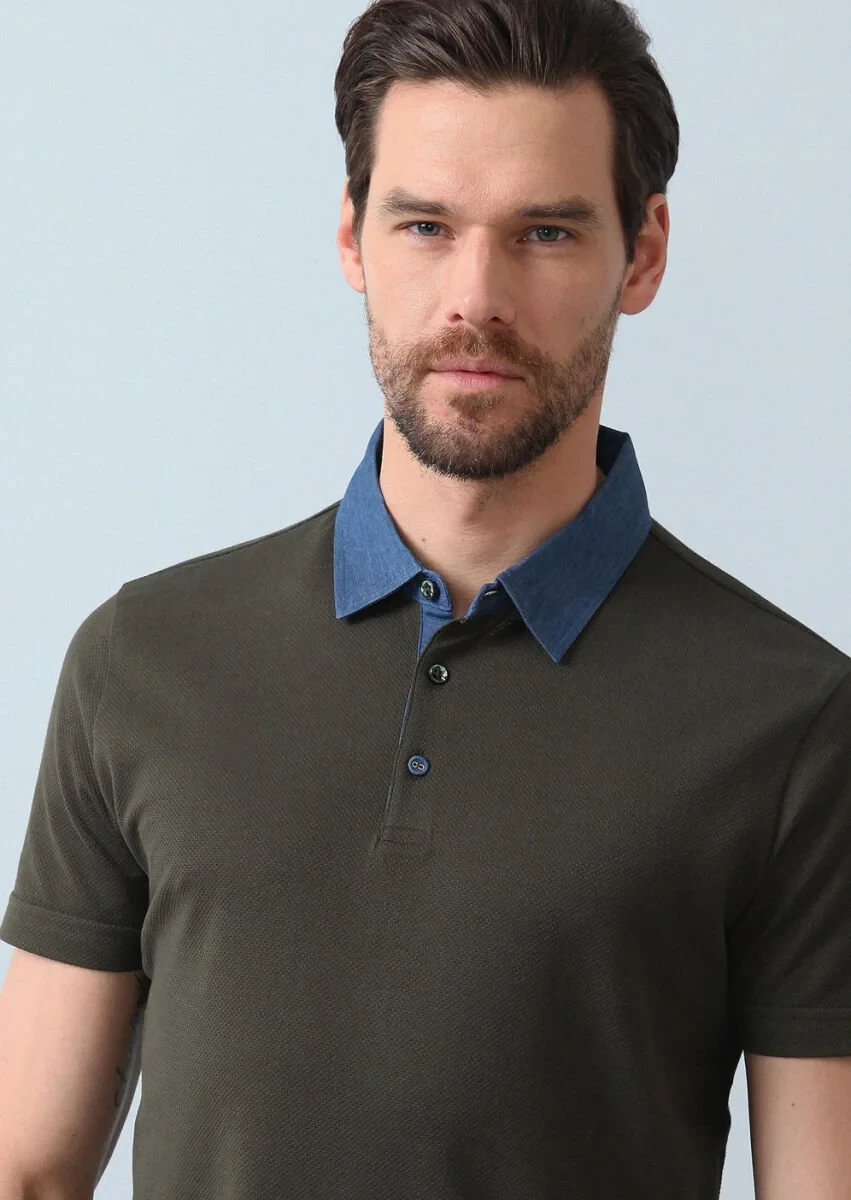 Khaki Jacquard Polo Neck 100% Cotton T-Shirt - 7