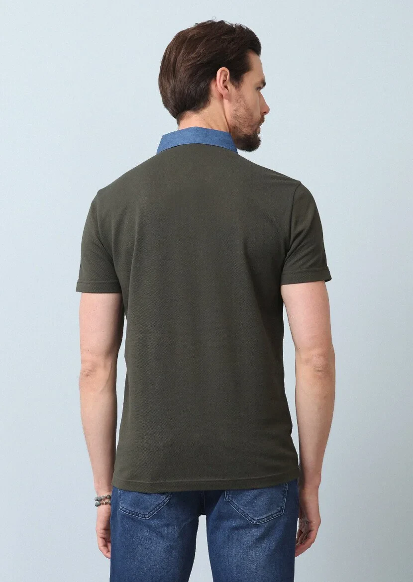Khaki Jacquard Polo Neck 100% Cotton T-Shirt - 8