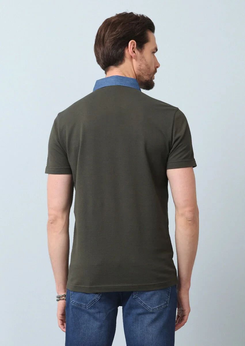Khaki Jacquard Polo Neck 100% Cotton T-Shirt - 8