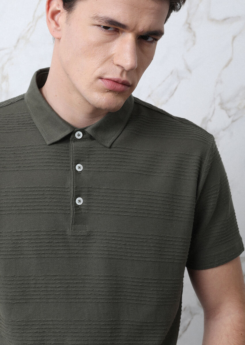 Khaki Jacquard Polo Neck 100% Cotton T-Shirt - 6