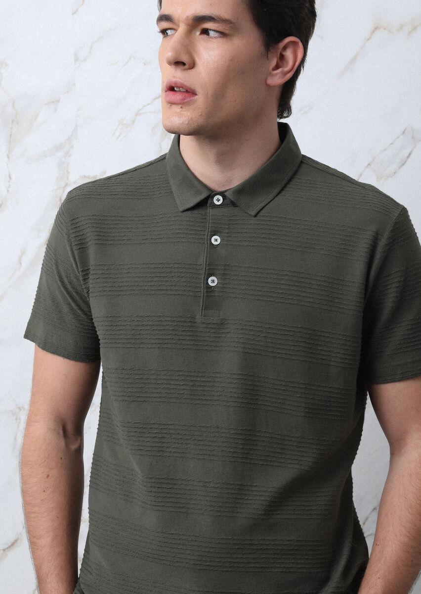 Khaki Jacquard Polo Neck 100% Cotton T-Shirt - 7