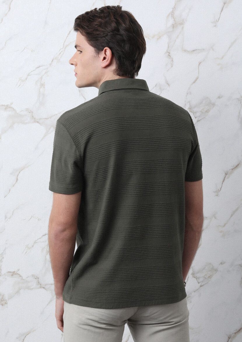 Khaki Jacquard Polo Neck 100% Cotton T-Shirt - 8