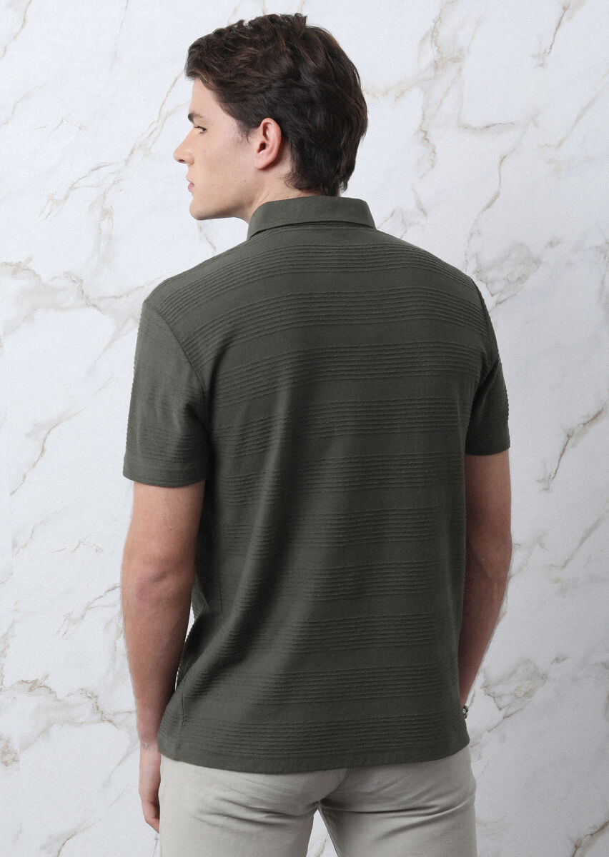 Khaki Jacquard Polo Neck 100% Cotton T-Shirt - 8