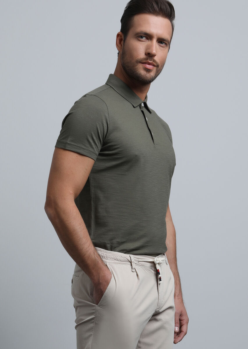 Khaki Jacquard Polo Neck 100% Cotton T-Shirt - 4