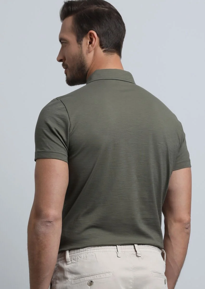 Khaki Jacquard Polo Neck 100% Cotton T-Shirt - 5