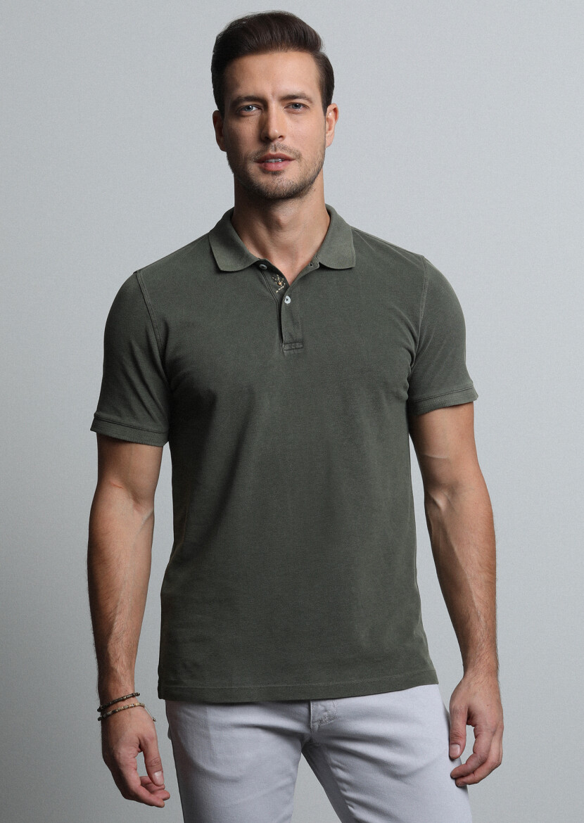 Khaki Jacquard Polo Neck 100% Cotton T-Shirt - 1